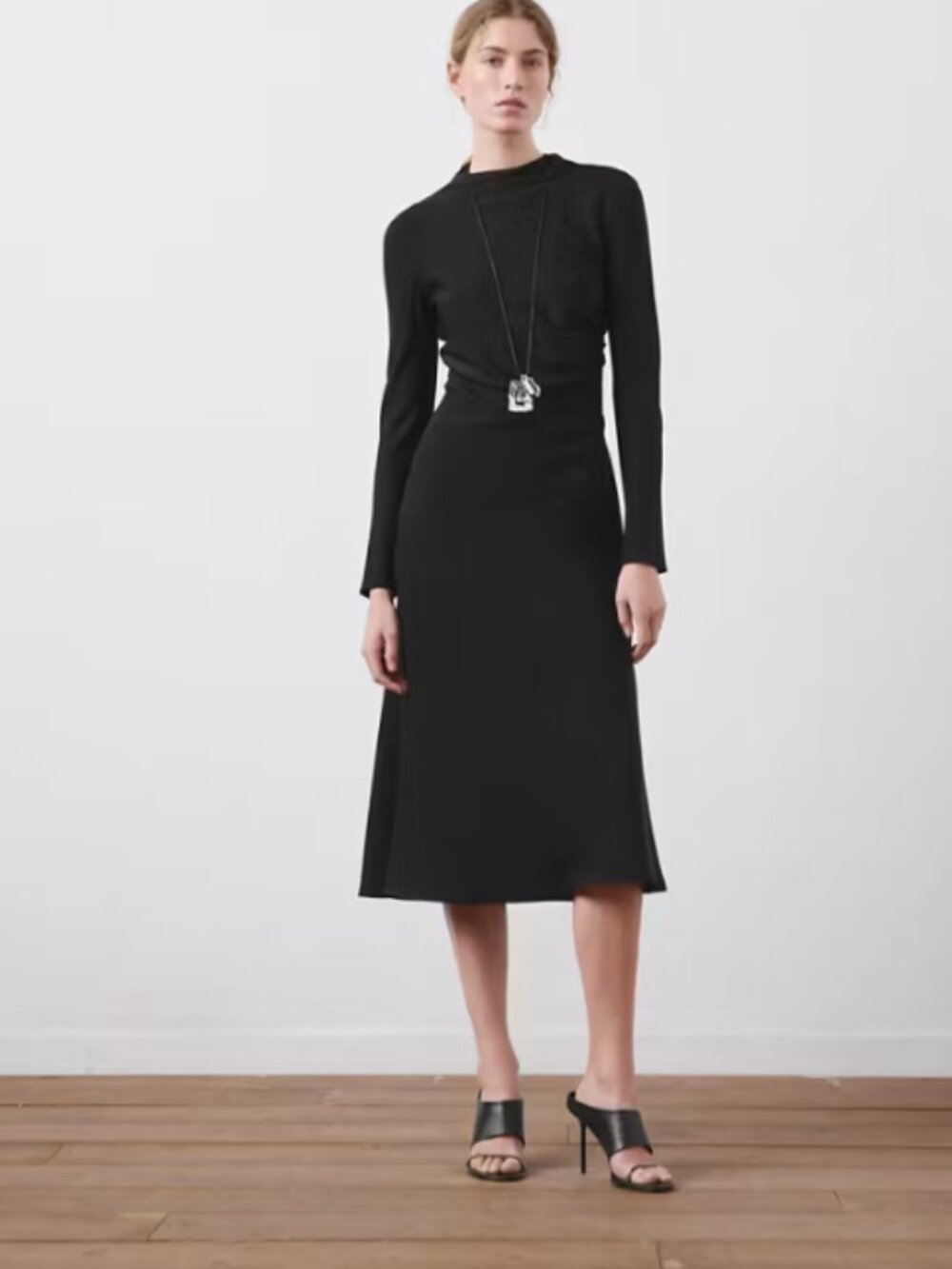 LIKE NEW - MNG Mango Ruched Midi Dress Long Sleeve in Black - Size 4